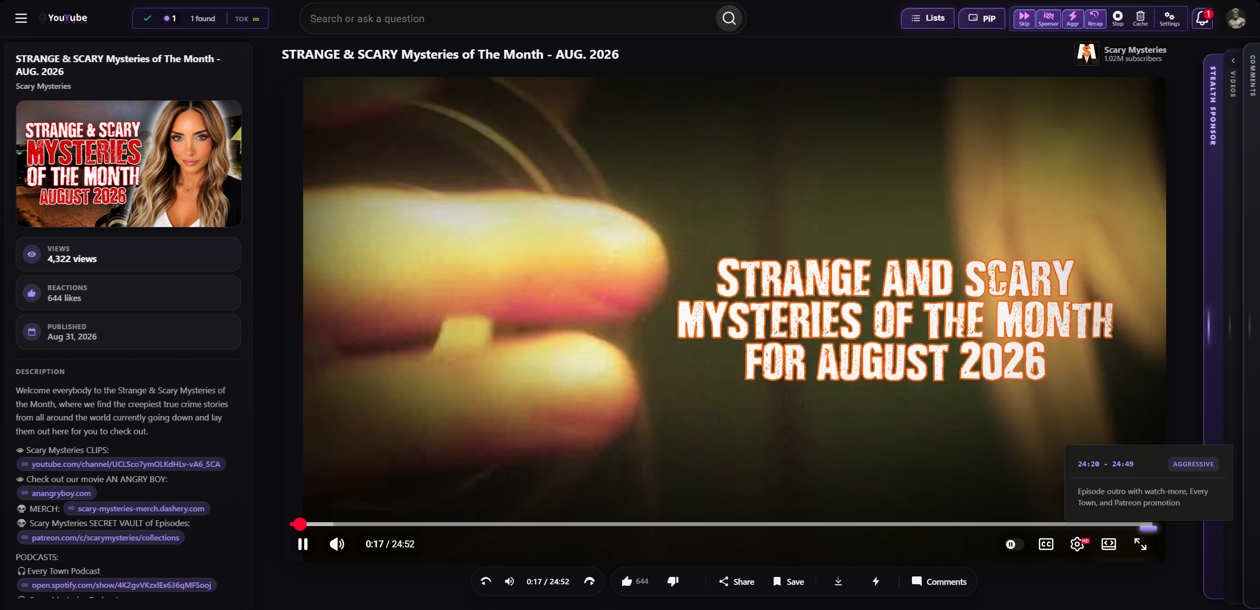 Stealth AntiSponsor on a YouTube watch page: Skip, Sponsor, Approve, Recap, Stop, Cache, and Settings on the toolbar, plus the Stealth Sponsor rail and a detected sponsor segment on the player.