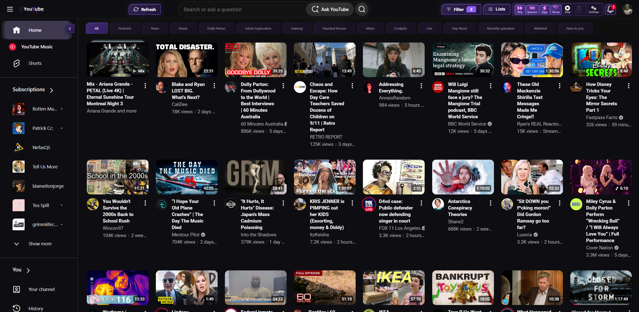 Stealth AntiSponsor on the YouTube homepage: Skip, Sponsor, Approve, Recap, Stop, Clear, and Settings on the toolbar over the Home feed.